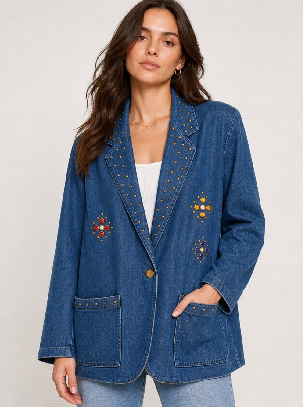 Vintage Denim Blazer with Rhinestone Embellishments